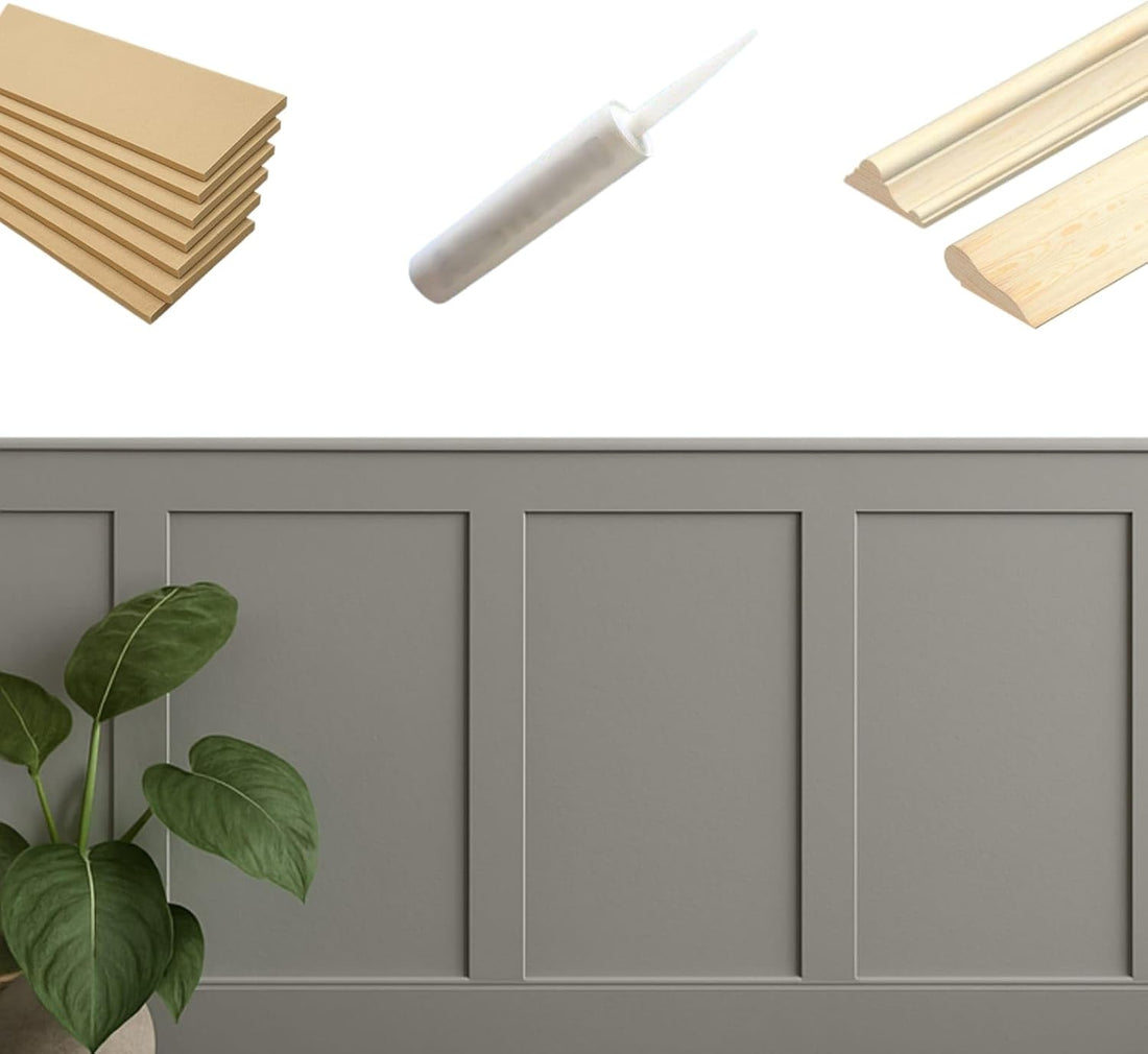 Full KIT Shaker Wall Panelling Kit Dado & Picture Rail DIY 3D Wall Panels MDF 6/9mm Decorative Interior Wall Cladding Custom Build Panel Kit Paintable Easy‑Install Feature Wall (10x 120cm Long Panel)
