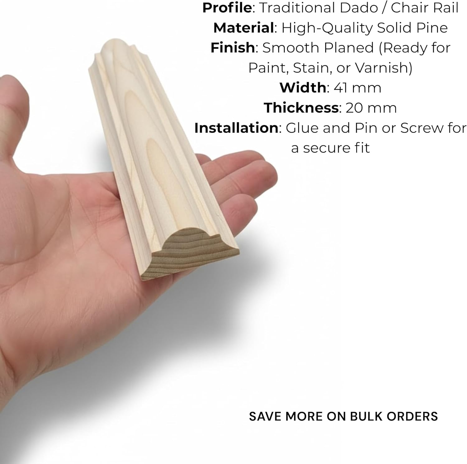 Traditional Solid Dado Rail Width 41mm x Thickness 20mm - Decorative Chair Rail Moulding for Walls, Wainscot Cap Trim - Smooth Planed Timber, Ready to Paint, Stain or Varnish, Easy DIY Installation