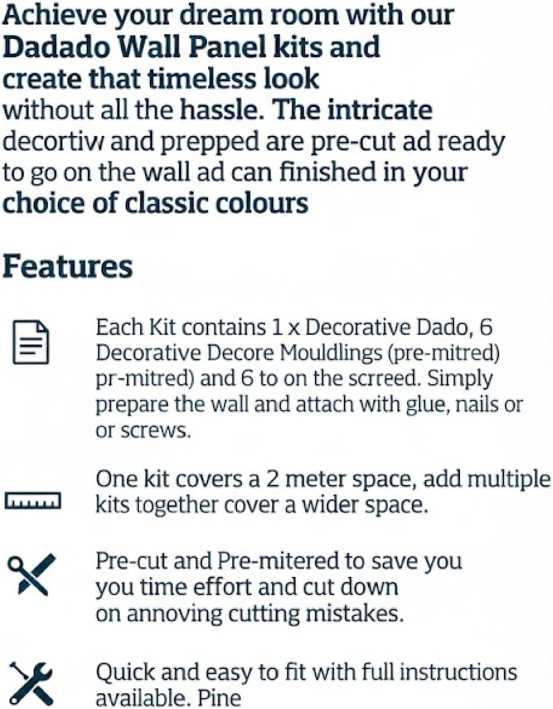 Cheshire Moulding Dado Wall Panel Kit, Pre Cut & Mitered Decorative Slats, Minimalist Decorative Capping & Horizontal Slats, Easy to Install for Living Room, Bedroom or Hallway, Pine Wood
