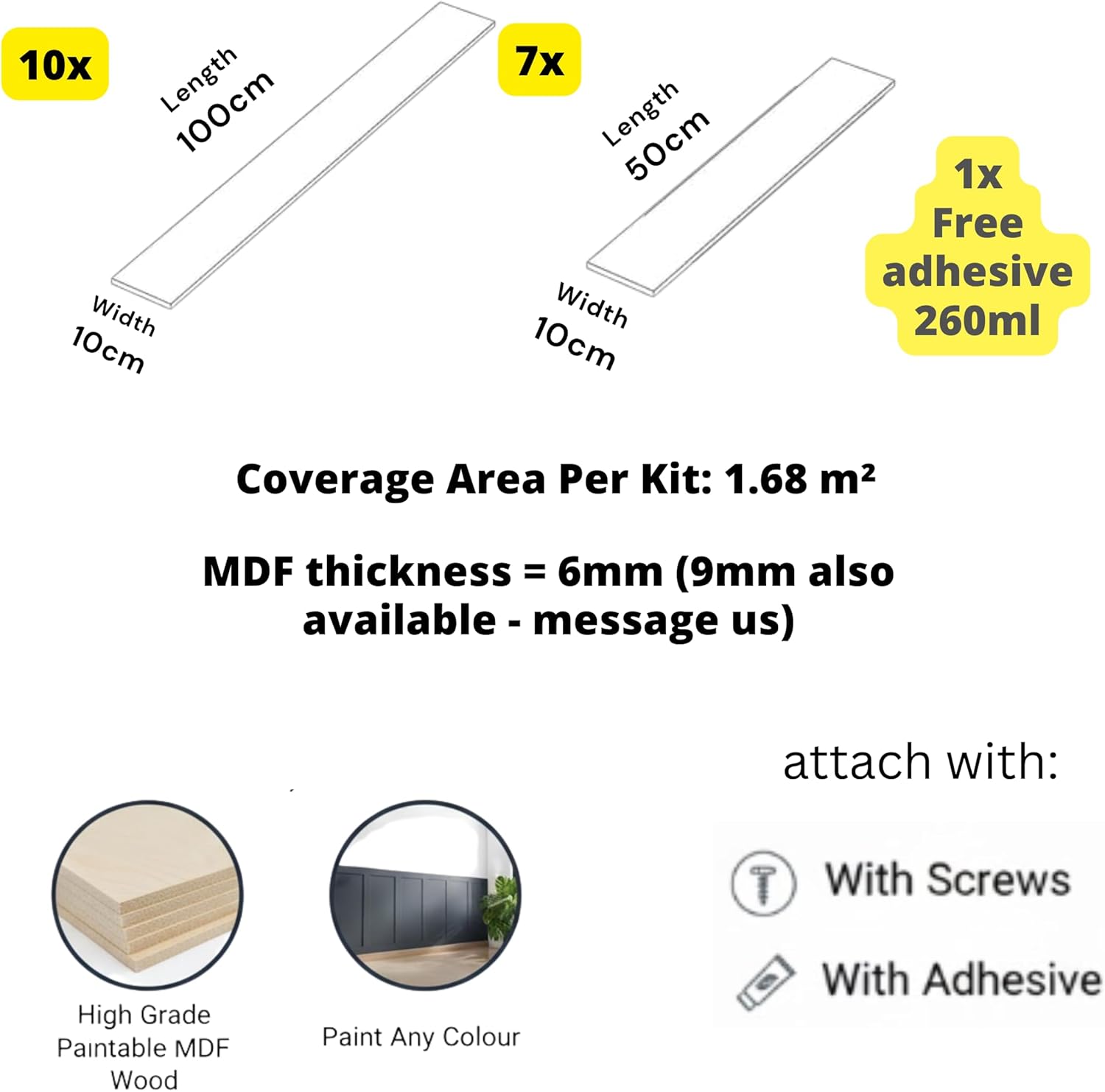 ShakerMDF Wall Panelling Kit – 10x100cm & 7x50cm Pre-Cut MDF Slats+Free Adhesive | DIY Shaker Wall Panels for Hallways, Stairs & Living Rooms | Paintable MDF Strips for Wainscoting & Decorative Walls